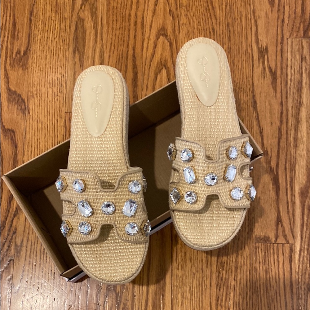 Jessica Simpson size 8 Tan Sandals with Crystal Embellishments and Woven Texture